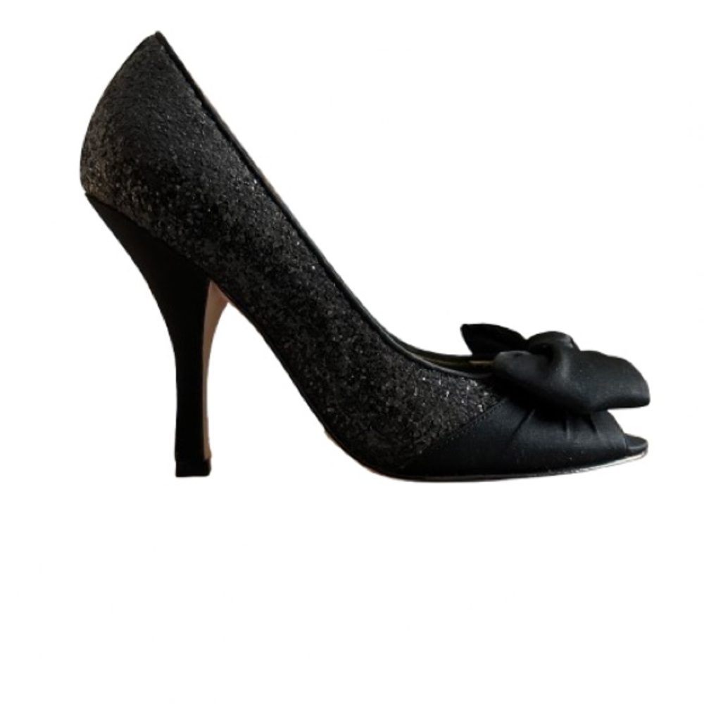 NINA Women' 7.5M Black Glitter High Heels Peep/Open Toe Bow Dress Classic Pumps